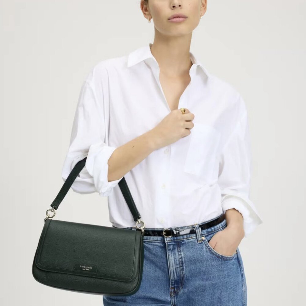 KATE SPADE Hudson Leather Flap Shoulder Bag Purse - 2 Straps - Northern Pine